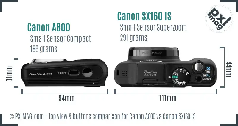 Canon A800 vs Canon SX160 IS top view buttons comparison