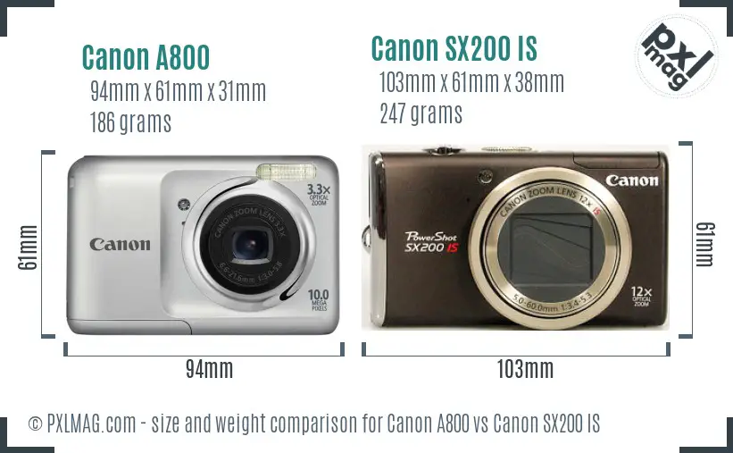 Canon A800 vs Canon SX200 IS size comparison
