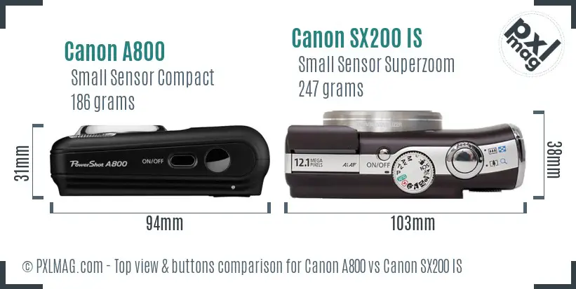Canon A800 vs Canon SX200 IS top view buttons comparison