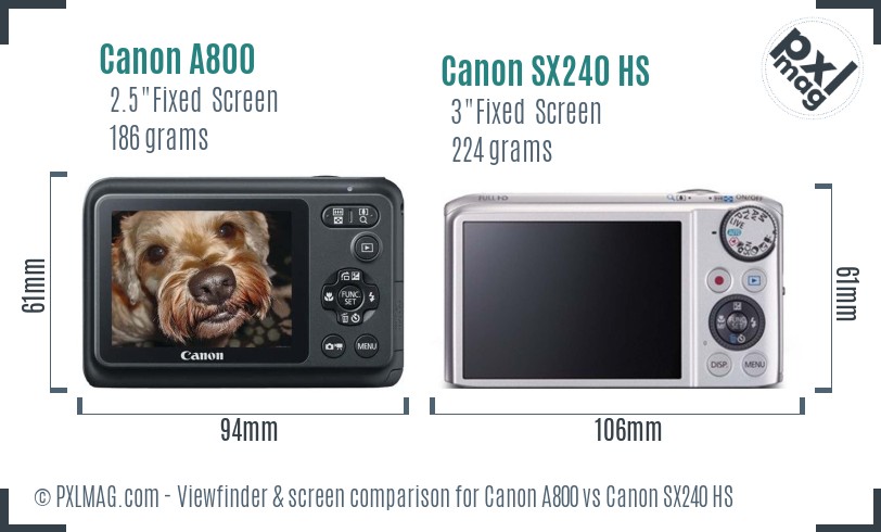Canon A800 vs Canon SX240 HS Screen and Viewfinder comparison