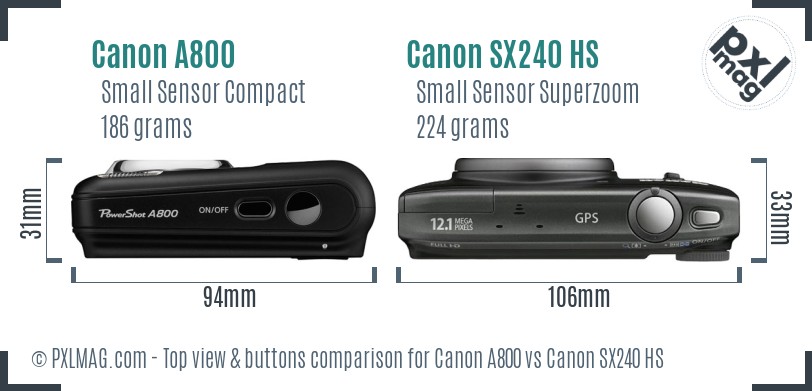 Canon A800 vs Canon SX240 HS top view buttons comparison