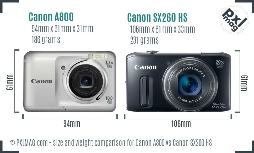 Canon A800 vs Canon SX260 HS size comparison Canon A800 vs Canon SX260 HS size comparison
