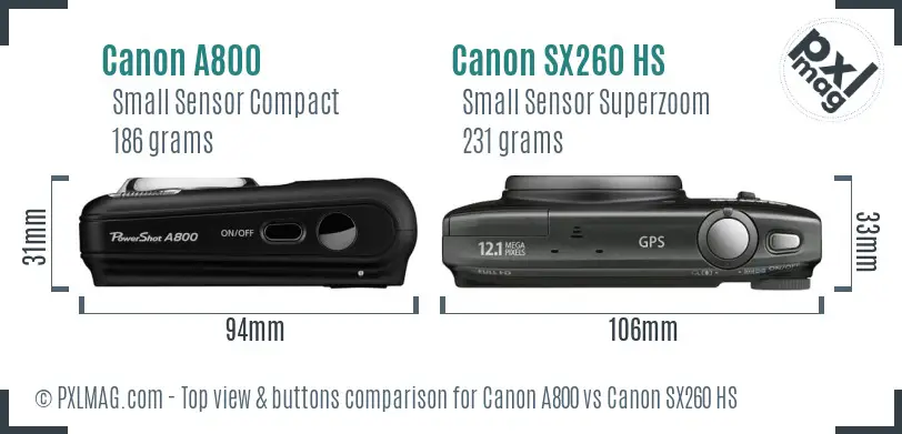 Canon A800 vs Canon SX260 HS top view buttons comparison Canon A800 vs Canon SX260 HS top view buttons comparison