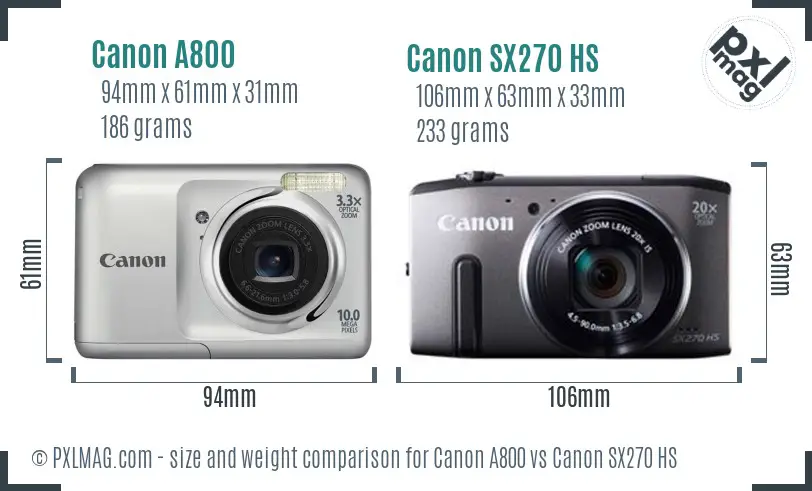 Canon A800 vs Canon SX270 HS size comparison