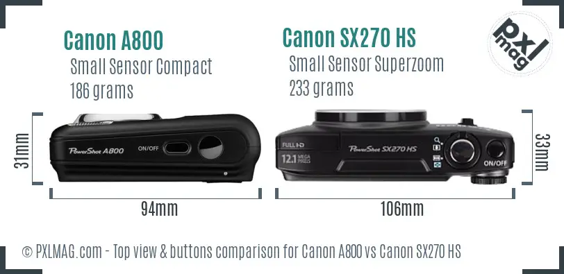 Canon A800 vs Canon SX270 HS top view buttons comparison
