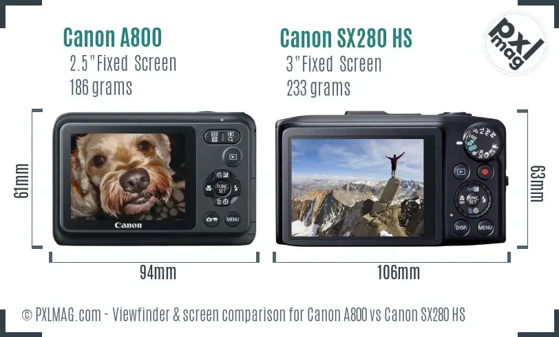 Canon A800 vs Canon SX280 HS Screen and Viewfinder comparison