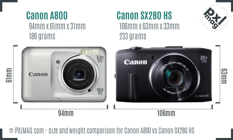 Canon A800 vs Canon SX280 HS size comparison