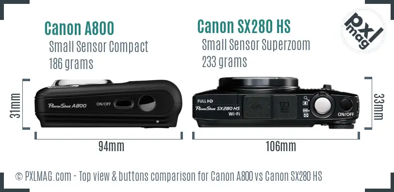 Canon A800 vs Canon SX280 HS top view buttons comparison