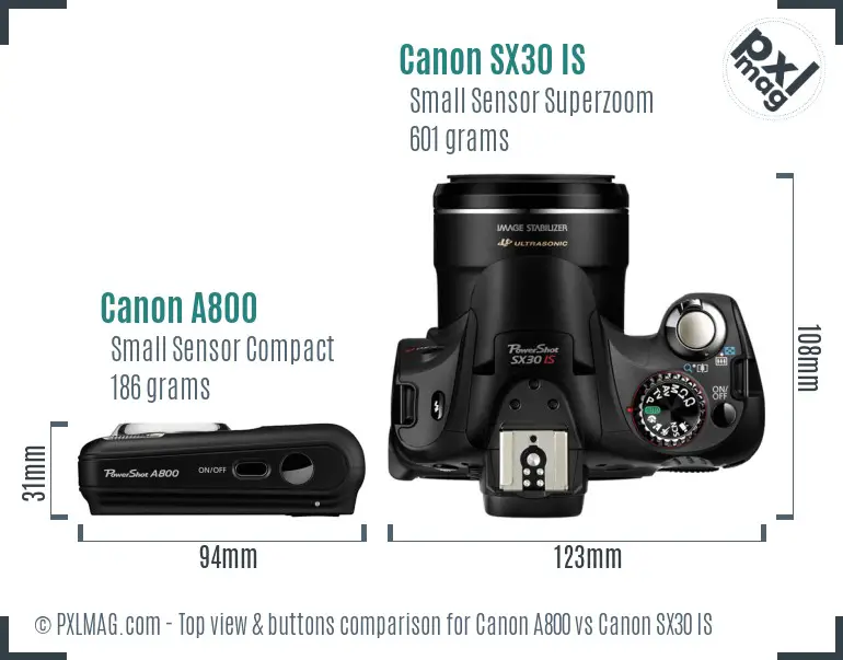 Canon A800 vs Canon SX30 IS top view buttons comparison