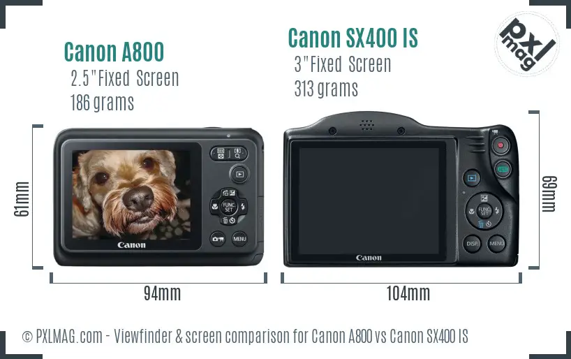 Canon A800 vs Canon SX400 IS Screen and Viewfinder comparison