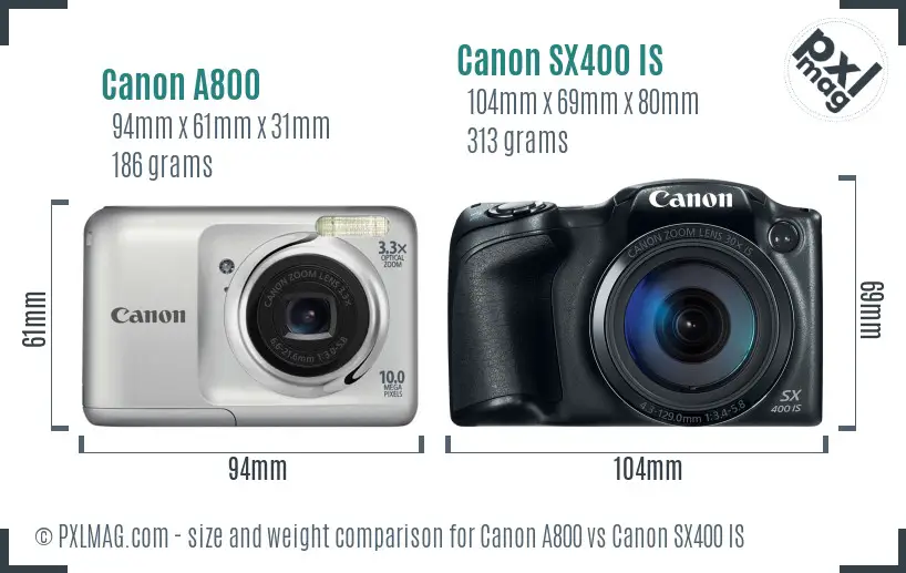 Canon A800 vs Canon SX400 IS size comparison