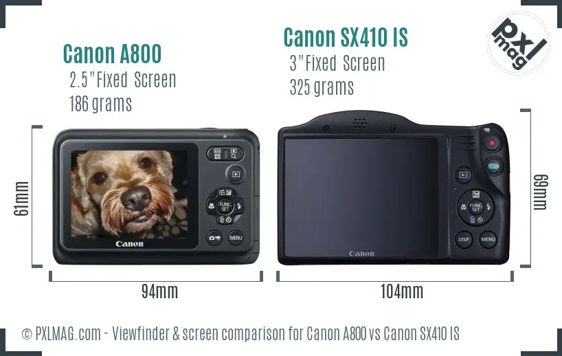 Canon A800 vs Canon SX410 IS Screen and Viewfinder comparison