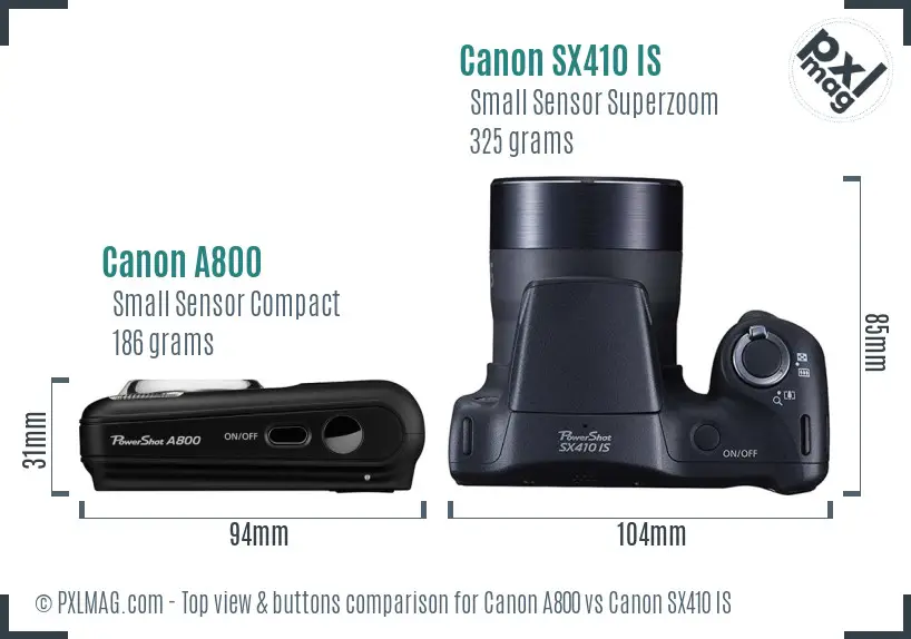 Canon A800 vs Canon SX410 IS top view buttons comparison