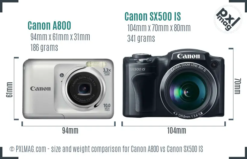 Canon A800 vs Canon SX500 IS size comparison