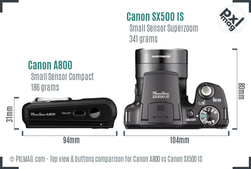 Canon A800 vs Canon SX500 IS top view buttons comparison