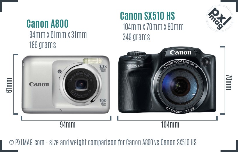 Canon A800 vs Canon SX510 HS size comparison