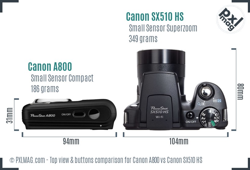 Canon A800 vs Canon SX510 HS top view buttons comparison