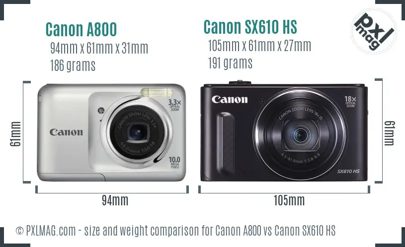 Canon A800 vs Canon SX610 HS size comparison