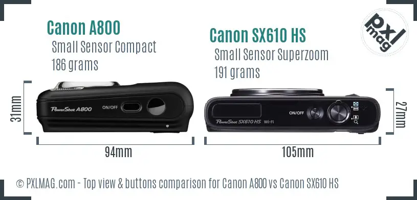 Canon A800 vs Canon SX610 HS top view buttons comparison