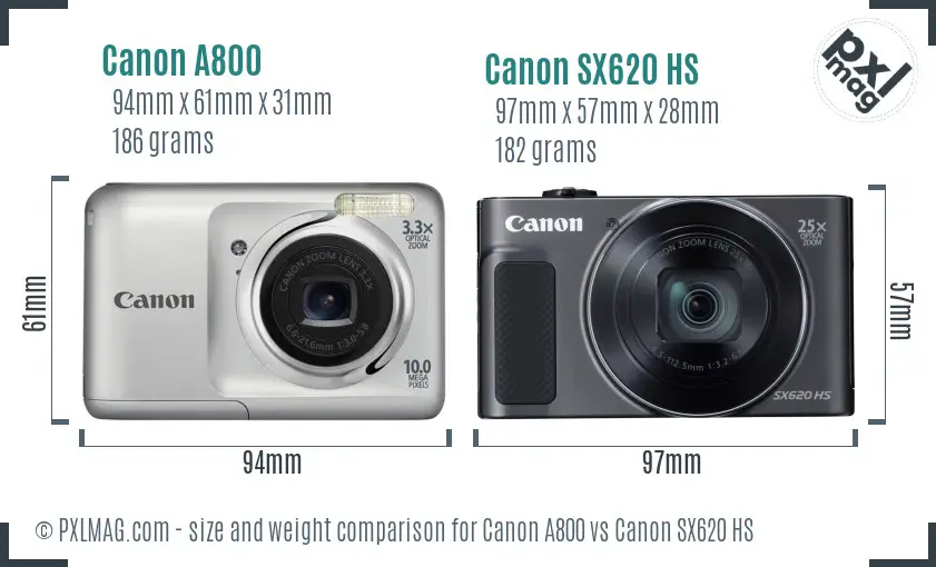 Canon A800 vs Canon SX620 HS size comparison