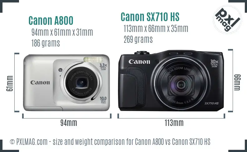 Canon A800 vs Canon SX710 HS size comparison
