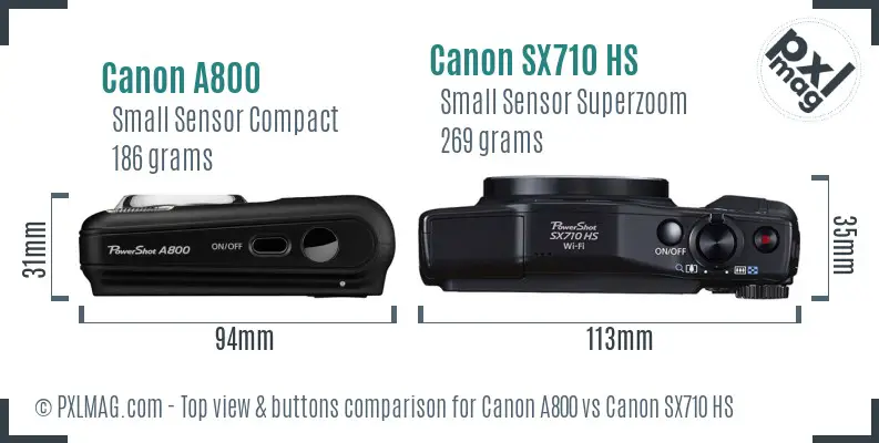 Canon A800 vs Canon SX710 HS top view buttons comparison