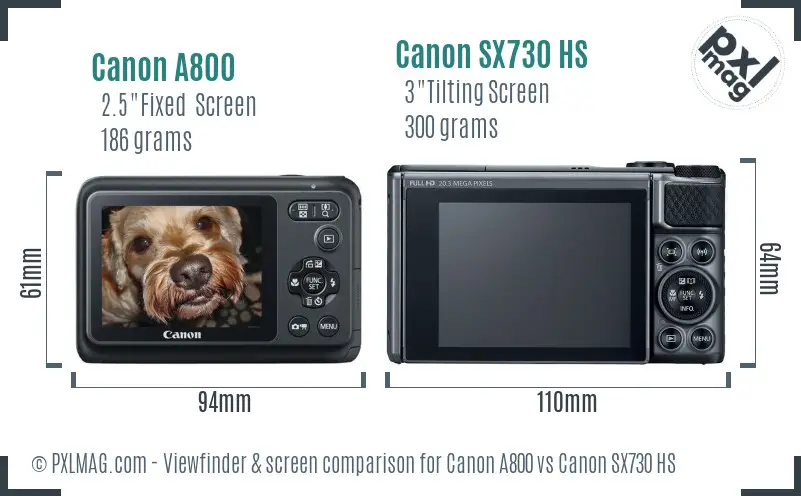 Canon A800 vs Canon SX730 HS Screen and Viewfinder comparison