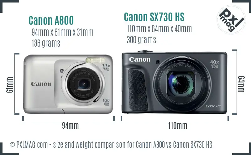 Canon A800 vs Canon SX730 HS size comparison