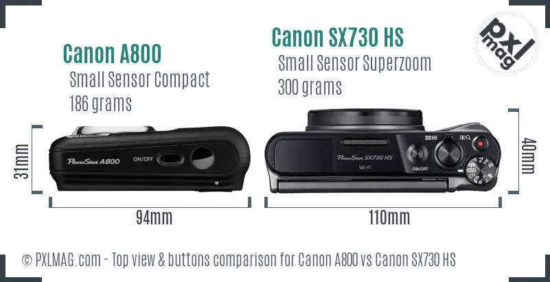 Canon A800 vs Canon SX730 HS top view buttons comparison