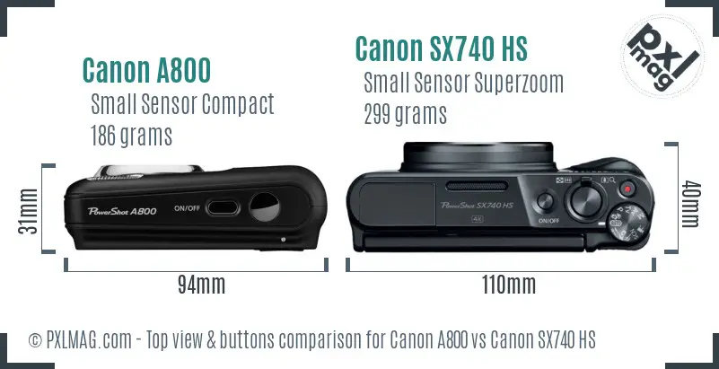 Canon A800 vs Canon SX740 HS top view buttons comparison Canon A800 vs Canon SX740 HS top view buttons comparison