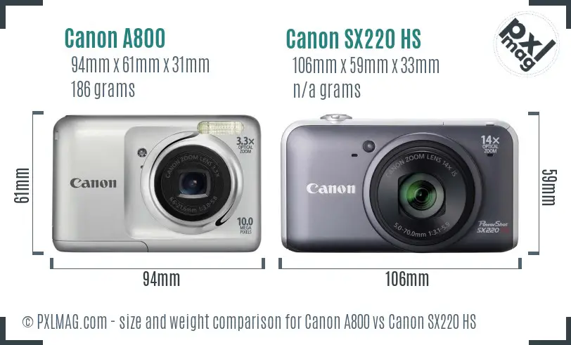 Canon A800 vs Canon SX220 HS size comparison
