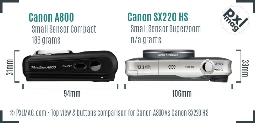 Canon A800 vs Canon SX220 HS top view buttons comparison