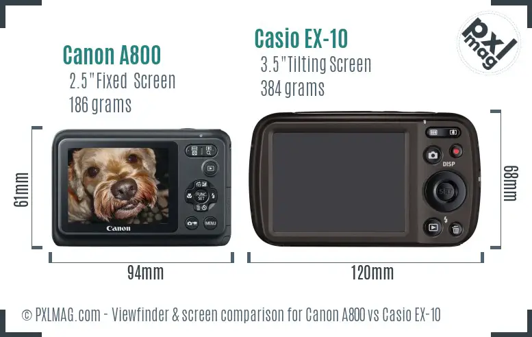 Canon A800 vs Casio EX-10 Screen and Viewfinder comparison