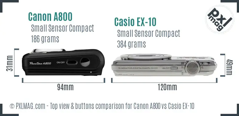 Canon A800 vs Casio EX-10 top view buttons comparison