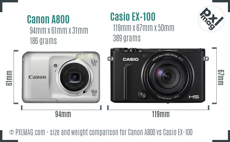 Canon A800 vs Casio EX-100 size comparison