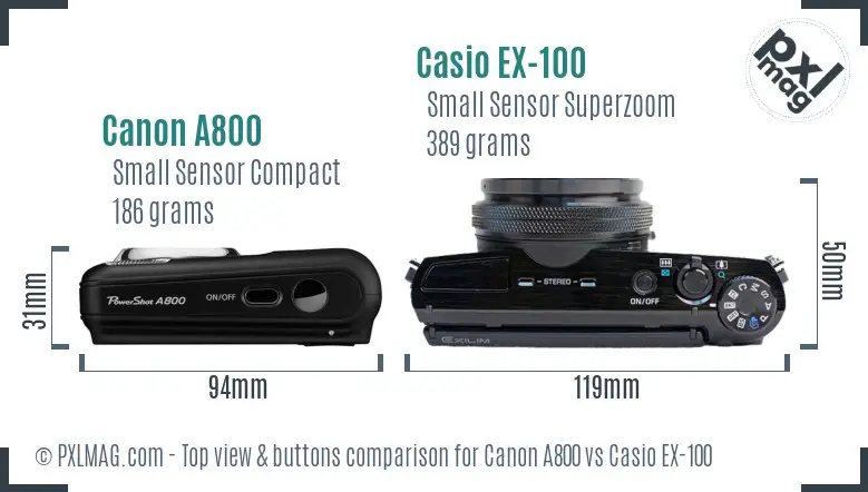 Canon A800 vs Casio EX-100 top view buttons comparison