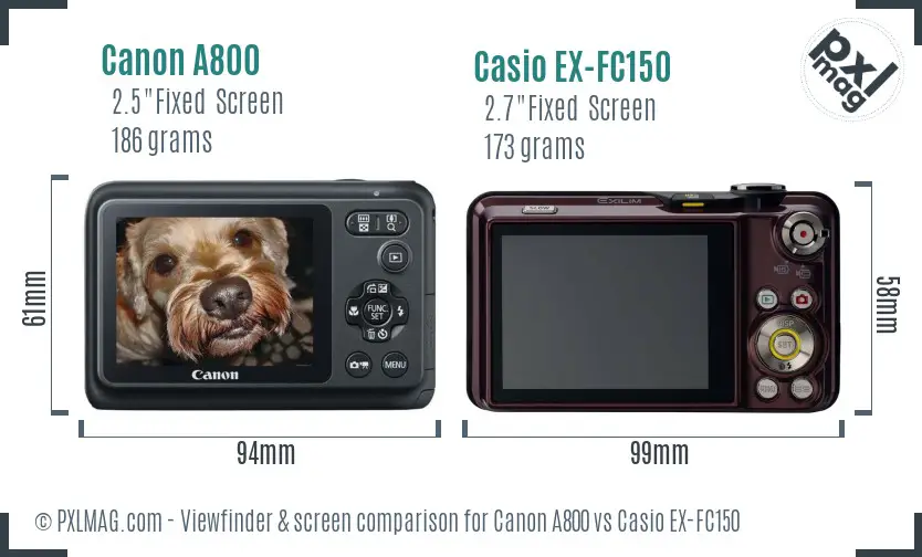 Canon A800 vs Casio EX-FC150 Screen and Viewfinder comparison