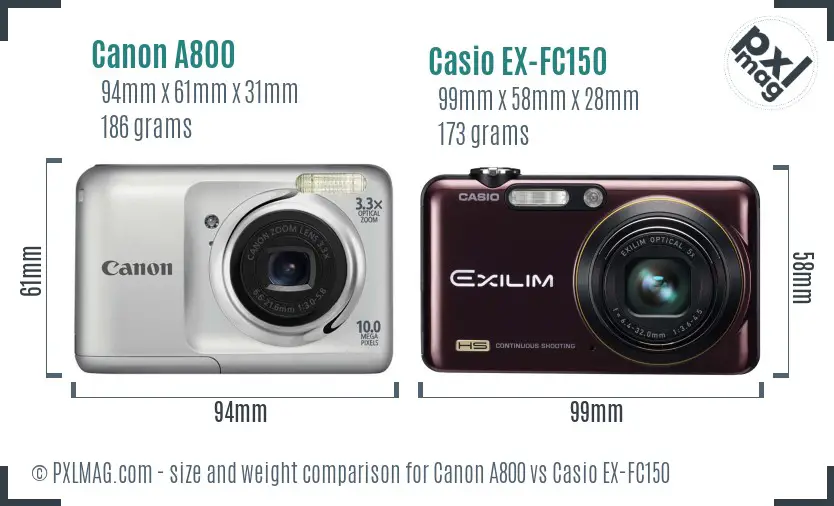 Canon A800 vs Casio EX-FC150 size comparison