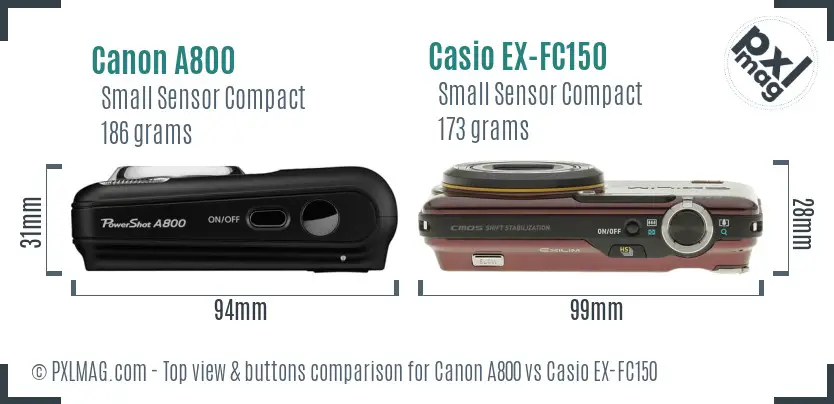 Canon A800 vs Casio EX-FC150 top view buttons comparison