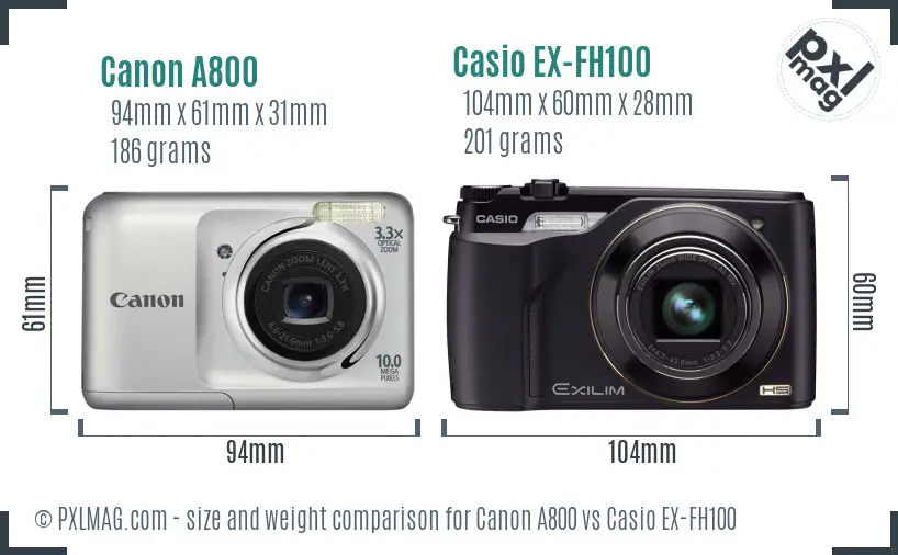 Canon A800 vs Casio EX-FH100 size comparison