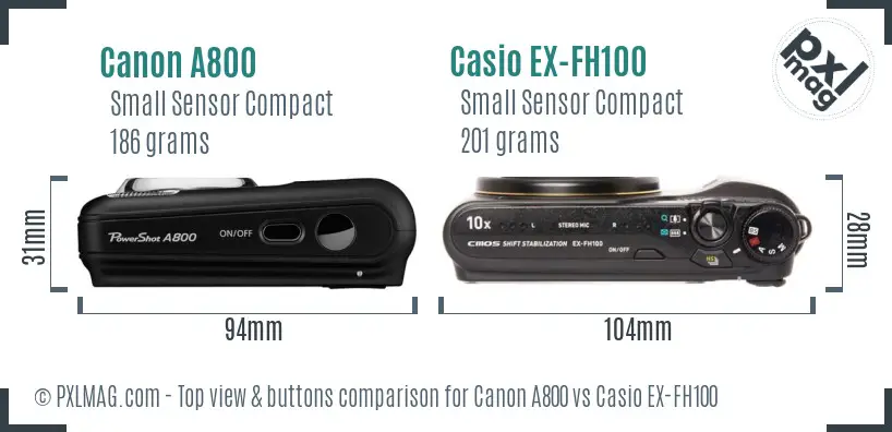 Canon A800 vs Casio EX-FH100 top view buttons comparison