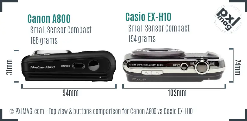 Canon A800 vs Casio EX-H10 top view buttons comparison Canon A800 vs Casio EX-H10 top view buttons comparison