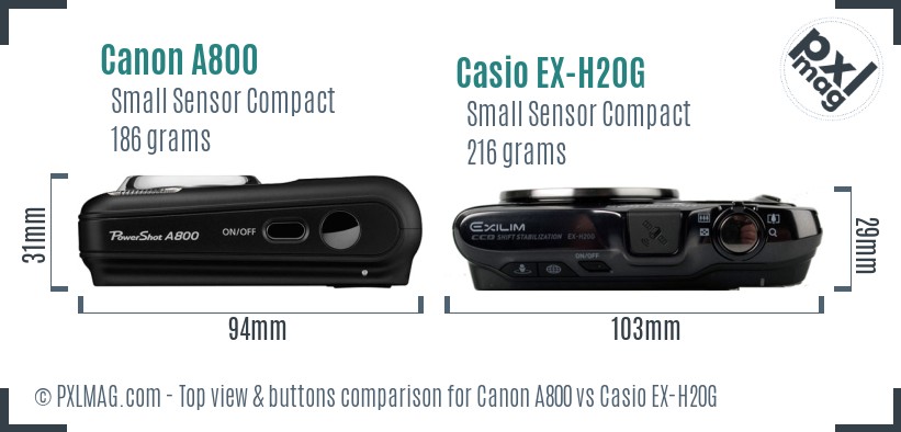 Canon A800 vs Casio EX-H20G top view buttons comparison