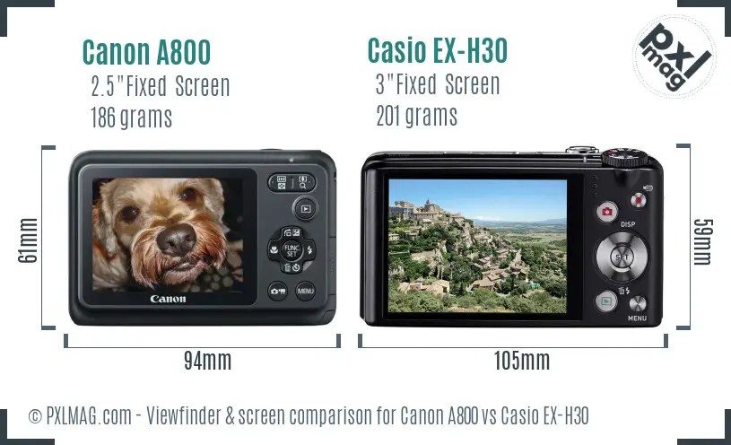 Canon A800 vs Casio EX-H30 Screen and Viewfinder comparison