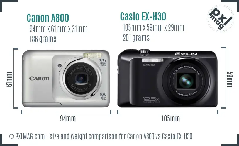 Canon A800 vs Casio EX-H30 size comparison