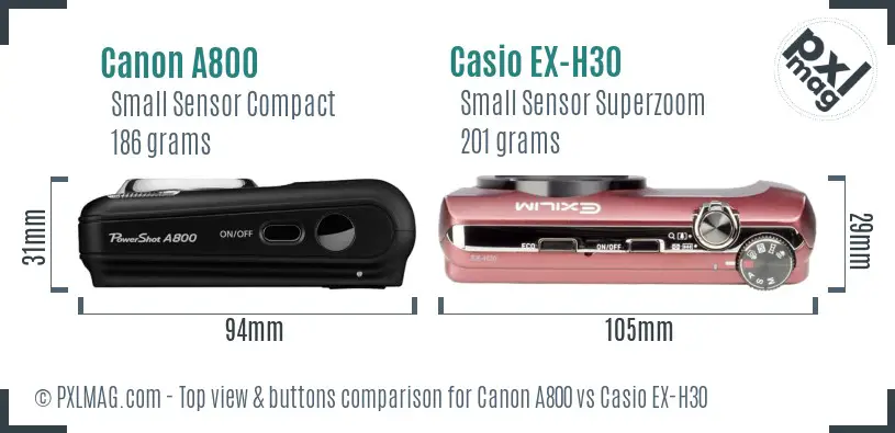 Canon A800 vs Casio EX-H30 top view buttons comparison