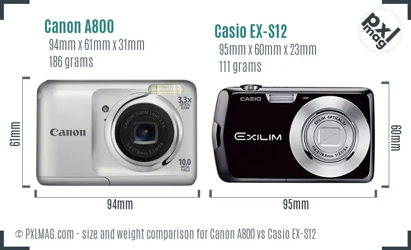 Canon A800 vs Casio EX-S12 size comparison