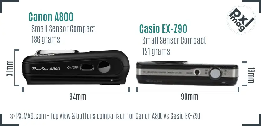 Canon A800 vs Casio EX-Z90 top view buttons comparison