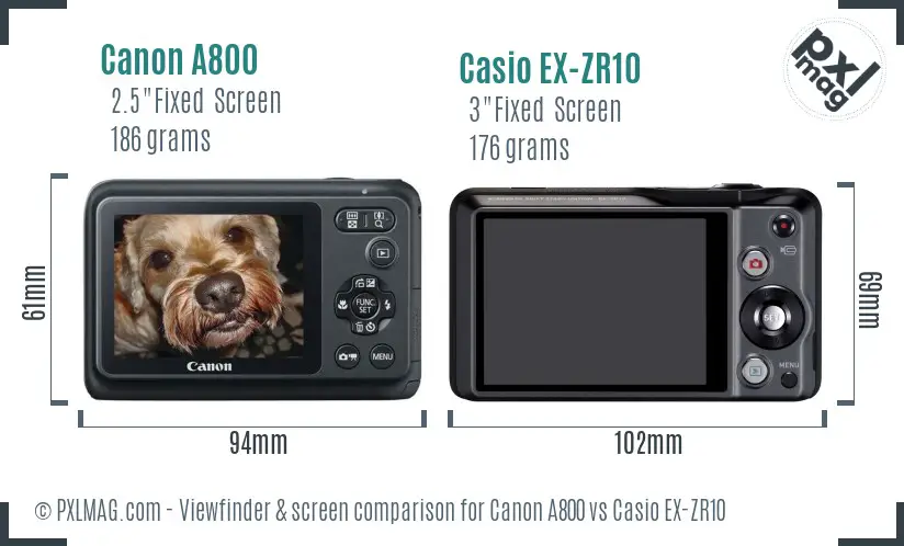 Canon A800 vs Casio EX-ZR10 Screen and Viewfinder comparison
