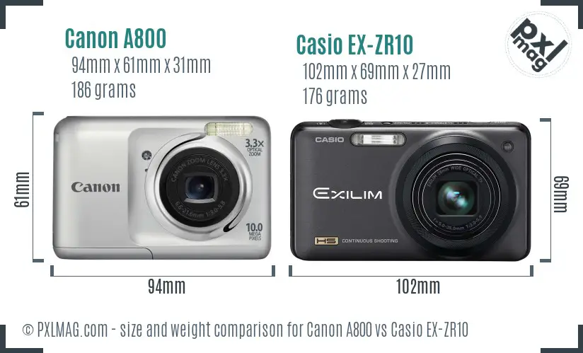 Canon A800 vs Casio EX-ZR10 size comparison